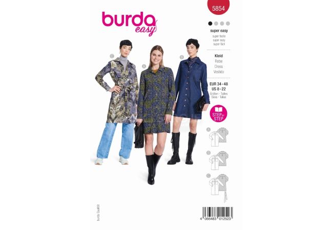 Střih Burda 5854 - Košilové šaty, džínové šaty