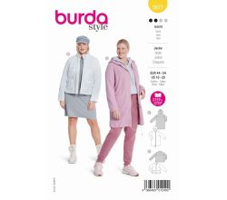 Střih Burda 5877 - Dlouhá bunda na zip s kapucí, bunda se stojáčkem