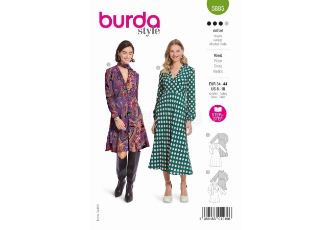 Střih Burda 5885 - Šaty s rozšířenou sukní