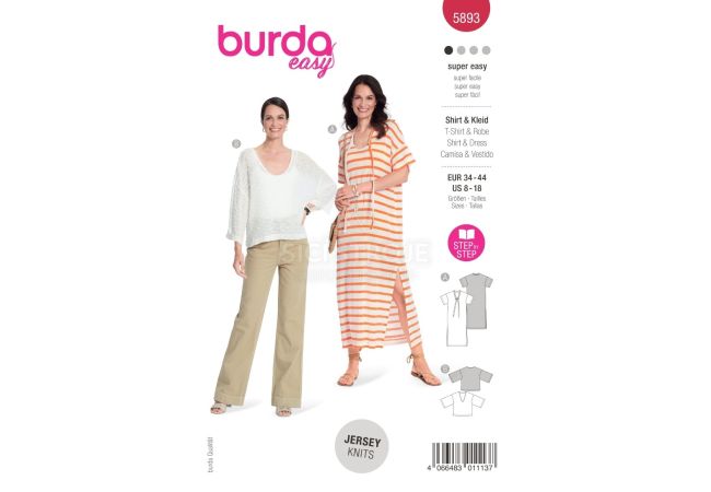 Střih Burda 5893 - Volné šaty, tričkové šaty, tričko