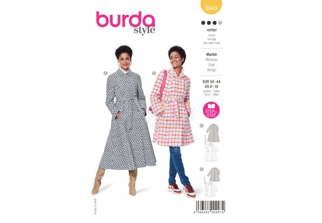 Střih Burda 5949 - Áčkový kabát s páskem