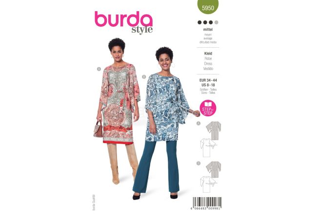 Střih Burda 5950 - Halenkové šaty s páskem, tunika, tričkové šaty