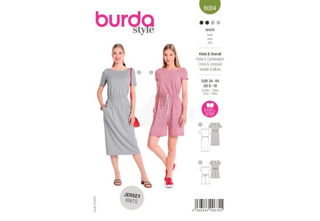 Střih Burda 6004 - Tričkové šaty s gumou v pase, overal
