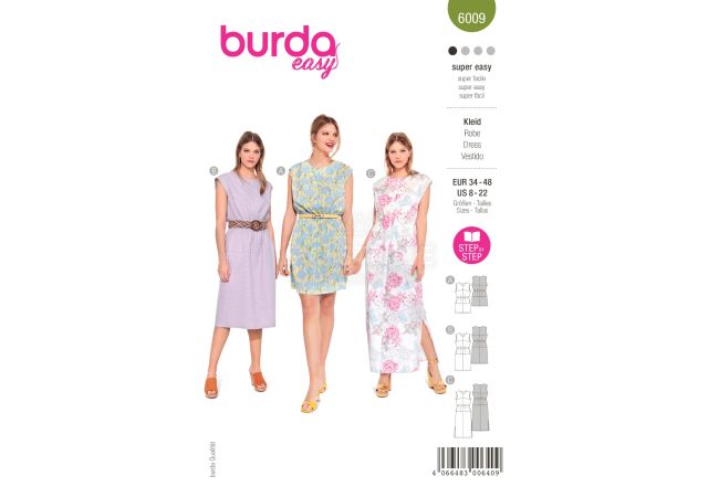Střih Burda 6009 - Tričkové šaty s gumou v pase, maxi šaty