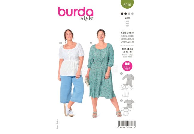 Střih Burda 6016 - Halenkové šaty s gumou v pase, halenka