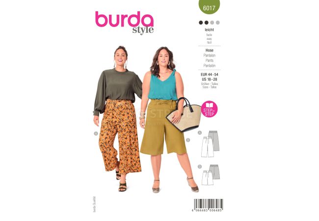 Střih Burda 6017 - Kalhoty s gumou a zavazováním v pase, lněné kalhoty