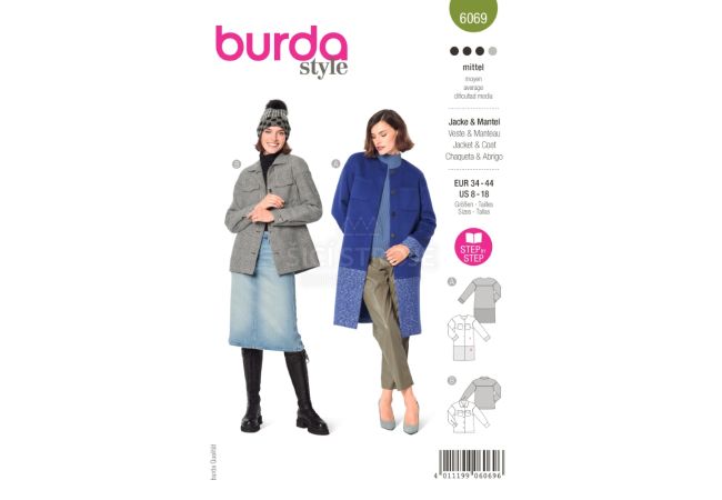 Střih Burda 6069 - Kabát bez límce s barevnými bloky, sako