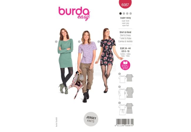 Střih Burda 6087 - Tričko s lodičkovým výstřihem, tričkové šaty
