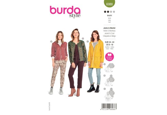 Střih Burda 6088 - Mikina na zip s kapucí, sako na zip, dlouhá bunda s kapucí, pláštěnka