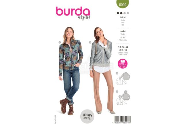 Střih Burda 6090 - Mikina na zip s kapucí, mikina s vysokým límcem