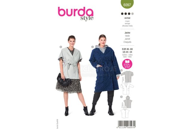 Střih Burda 6097 - Kabát s páskem, vesta s kapucí pro plnoštíhlé