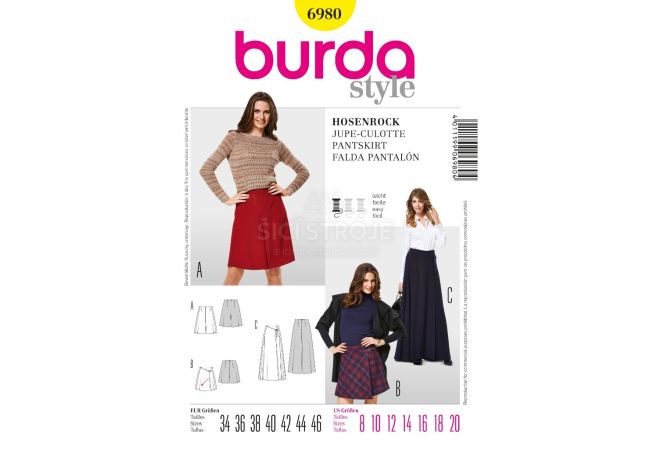 Střih Burda 6980 - Zavinovací kalhotová sukně, culottes