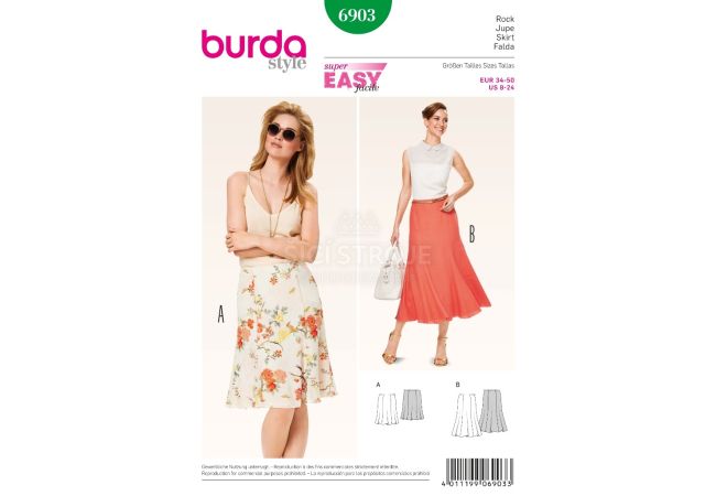 Střih Burda 6903 - Jednoduchá zvonová sukně, dlouhá letní sukně