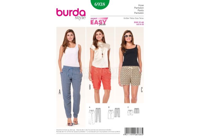 Střih Burda 6938 - Jednoduché kalhoty, bermudy, šortky
