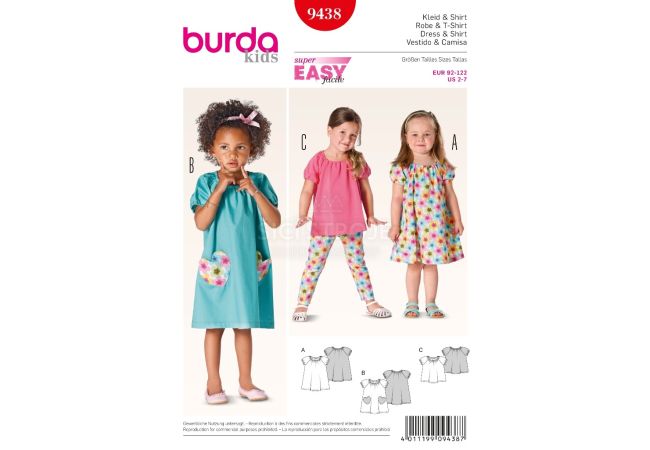 Střih Burda 9438 - Dětské jednoduché šaty