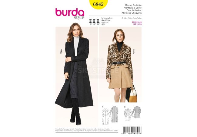 Střih Burda 6845 - Áčkový kabát, dlouhý kabát