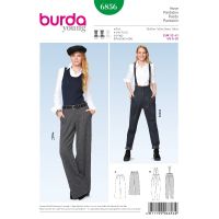 Střih Burda 6856 - Široké kalhoty Marlene, kalhoty s vysokým pasem, kalhoty s kšandami
