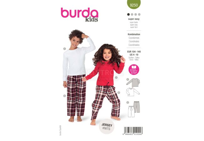 Střih Burda 9250 - Tričko s dlouhým rukávem a kalhoty s gumou v pase pro dívky a chlapce