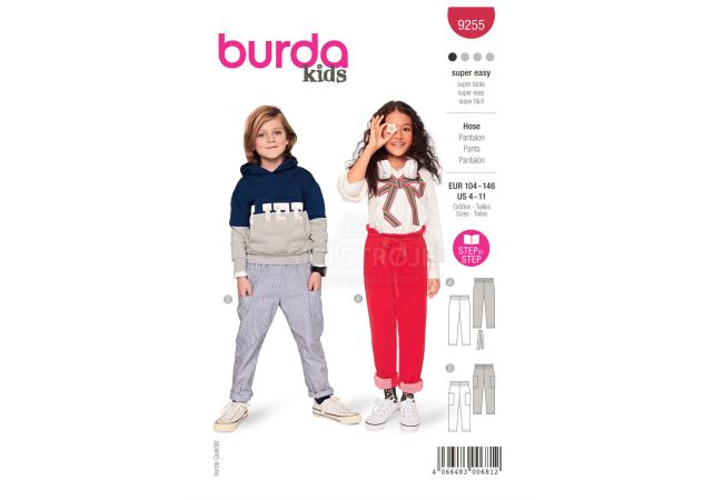 Střih Burda 9255 - Dětské kalhoty s gumou v pase, tepláky