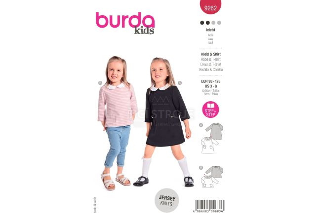 Střih Burda 9262 - Dívčí áčkové šaty a tričko s límečkem