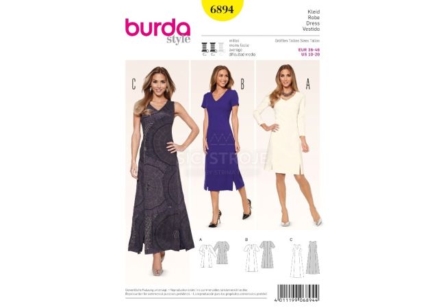 Střih Burda 6894 - Áčkové šaty, midi šaty, dlouhé šaty