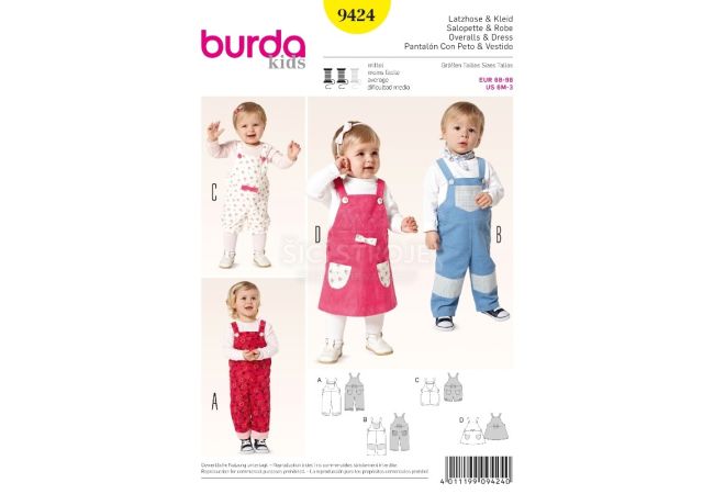 Střih Burda 9424 - Dětské laclové kalhoty, lacláče, laclové šaty