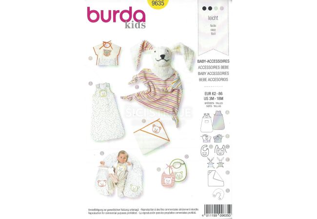 Střih Burda 9635 - Spací pytel, deka, kojící polštář, bryndáčky, maňásek