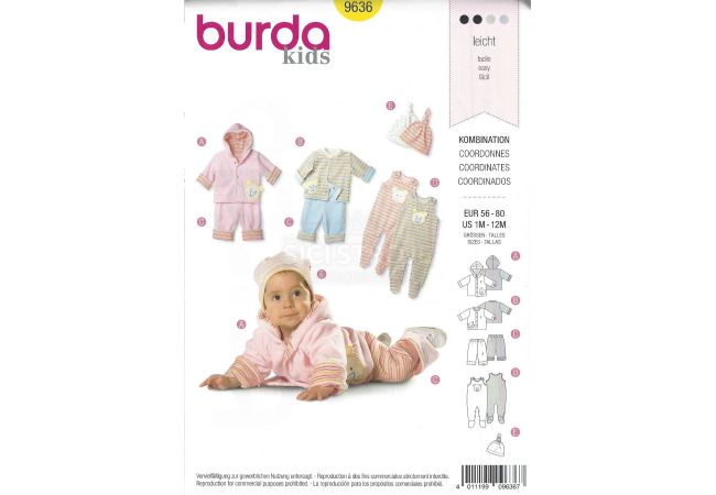 Střih Burda 9636 - Kabátek s kapucí, mikinka, tepláčky, dupačky, čepička