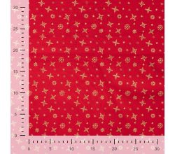 Cotton Poplin Foil Print, Snowflakes, Red