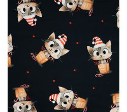 French Terry Digital Print, Naughty Kitty, Navy
