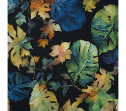 French Terry Digital Print, Leaves, Black
