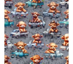 French Terry Digital Print, Cute Cows, Grey