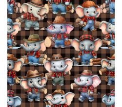 French Terry Digital Print, Cute Elephants, Dark Brown