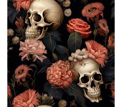 French Terry Digital Print, Flower Skulls, Peach