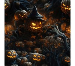 French Terry Digital Print, Witch Pumpkins, Black