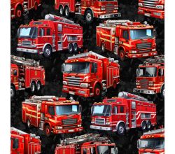 French Terry Digital Print, Fire Truck, Black