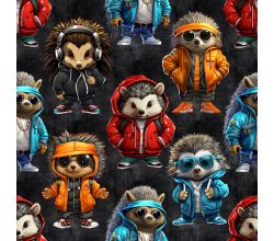 French Terry Digital Print, Cool Hedgehogs, Black