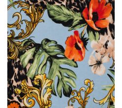 Viscose/Sp Jersey Print, Flowers, Aqua