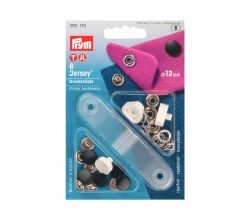 Stiskací knoflíky + narážeč Jersey, 12 mm, 6 ks, hladká čepička, černé