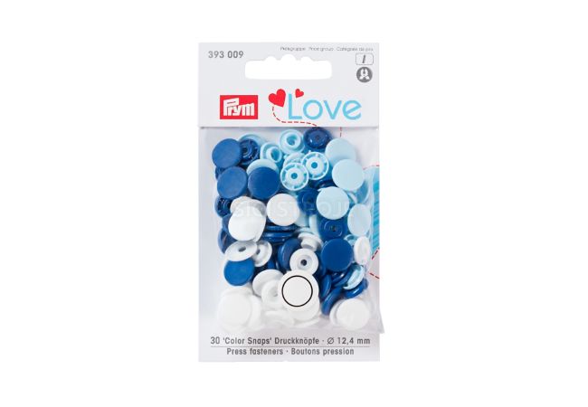 Plastové patentky "Color Snaps" kulaté, Prym Love, 12,4 mm, 30 ks, modré/bílé