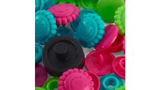 Plastové patentky "Color Snaps" kytičky, Prym Love, 13,6 mm, 21 ks, růžové/zelené/modré