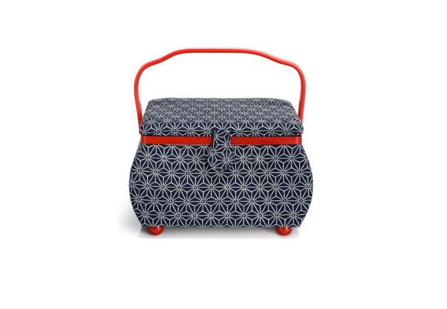Kazeta na šití čalouněná vel. L s geometrickým motivem "Kyoto" (bílá, tmavě modrá, červená)
