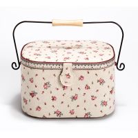 Kazeta na šití čalouněná vel. L oválná vintage s motivem růžiček "Country rose" (béžová, růžová)
