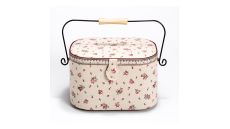 Kazeta na šití čalouněná vel. L oválná vintage s motivem růžiček "Country rose" (béžová, růžová)